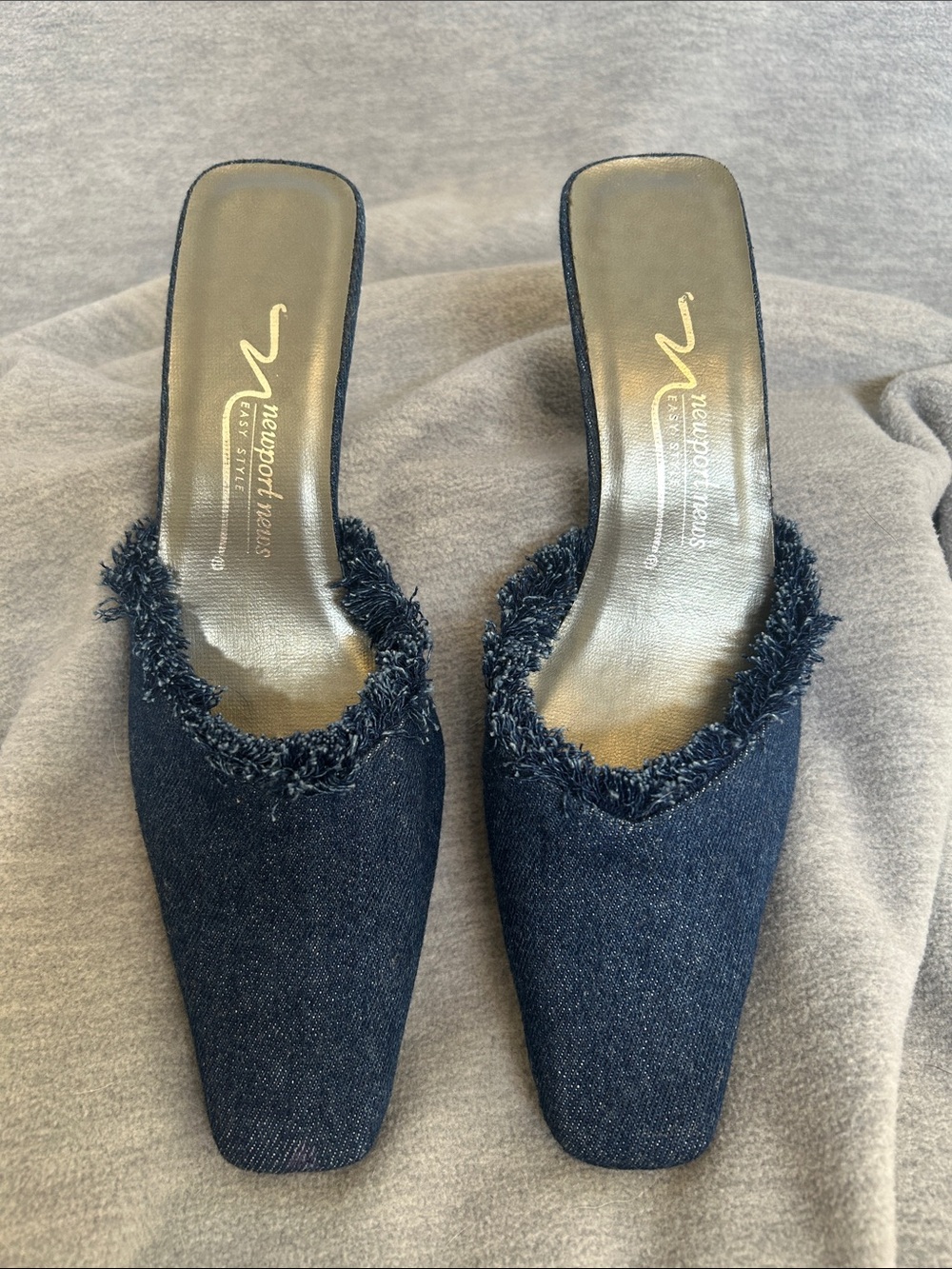 NEWPORT NEWS Denim Square Toe Mules with Flirty Fringe